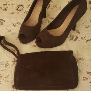 Rockport Peep Toe Brn.Suede Heels/matching purse